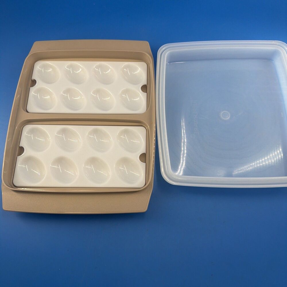 Vintage Tupperware Deviled Egg Carrier Set Almond #723 4 Pc w Inserts Lid